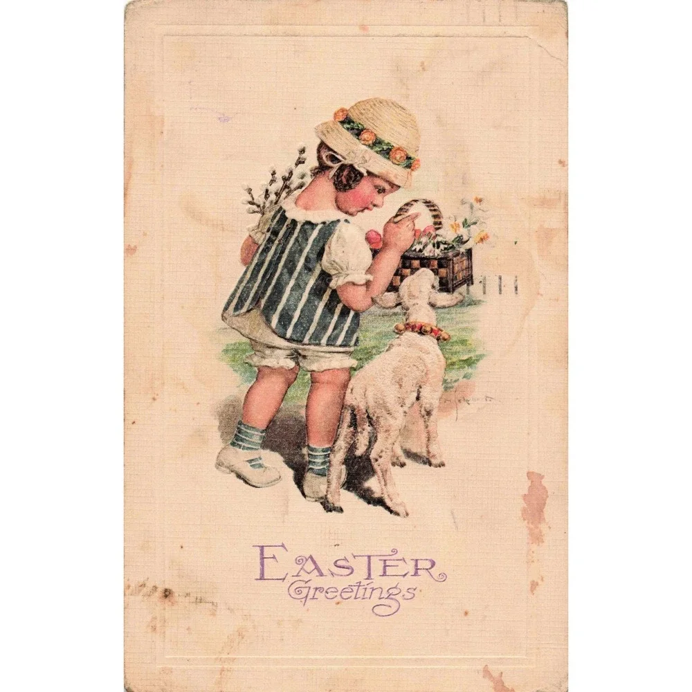 Easter Greetings Postcard Child Lamb Basket 1922 Embossed Germany Divided Back